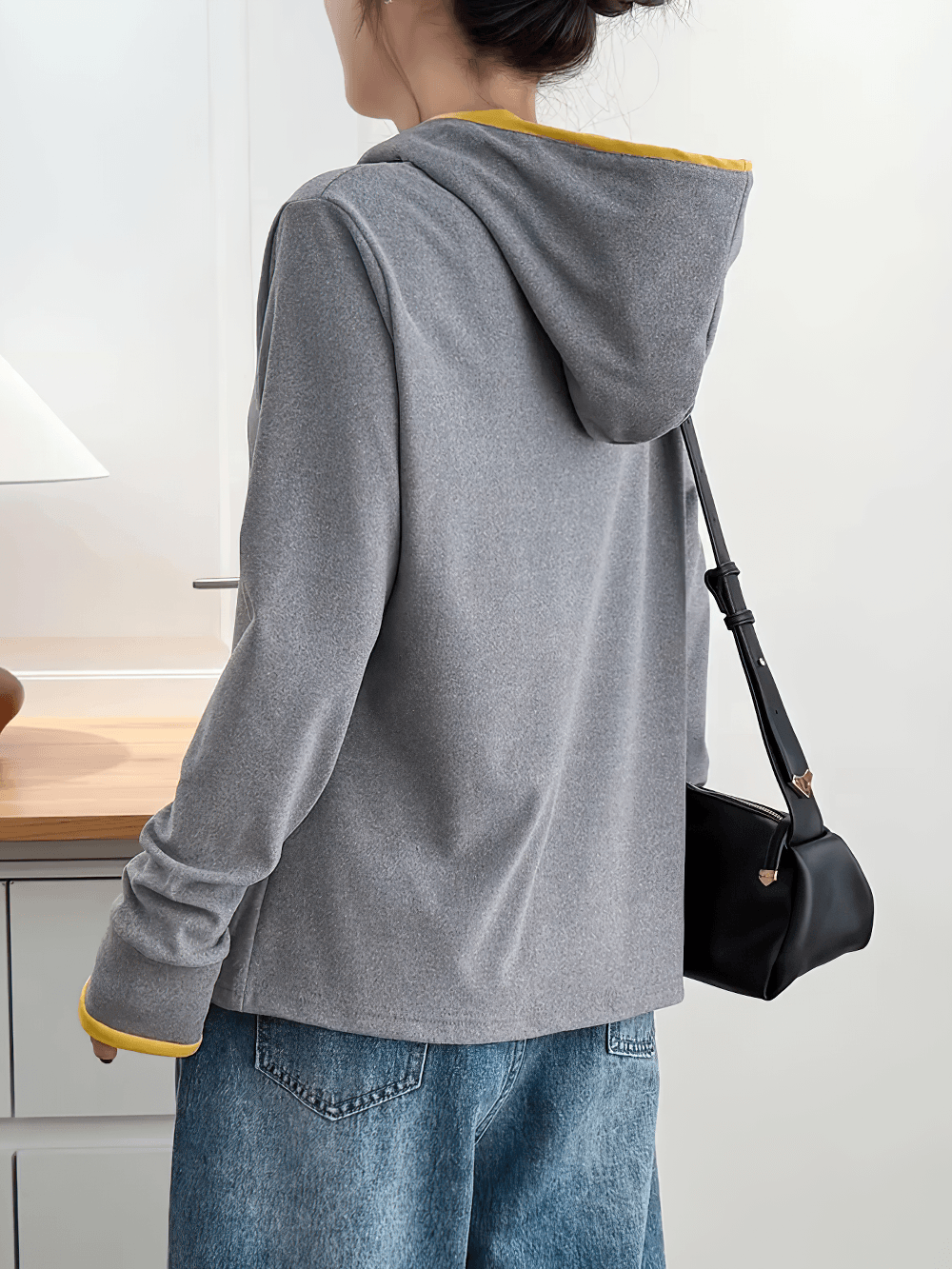 Alt Tag: Women's Quarter Zip Hooded Sport Hoodie - SF4536 grey hooded pullover with yellow trim, long sleeves, casual sporty fit