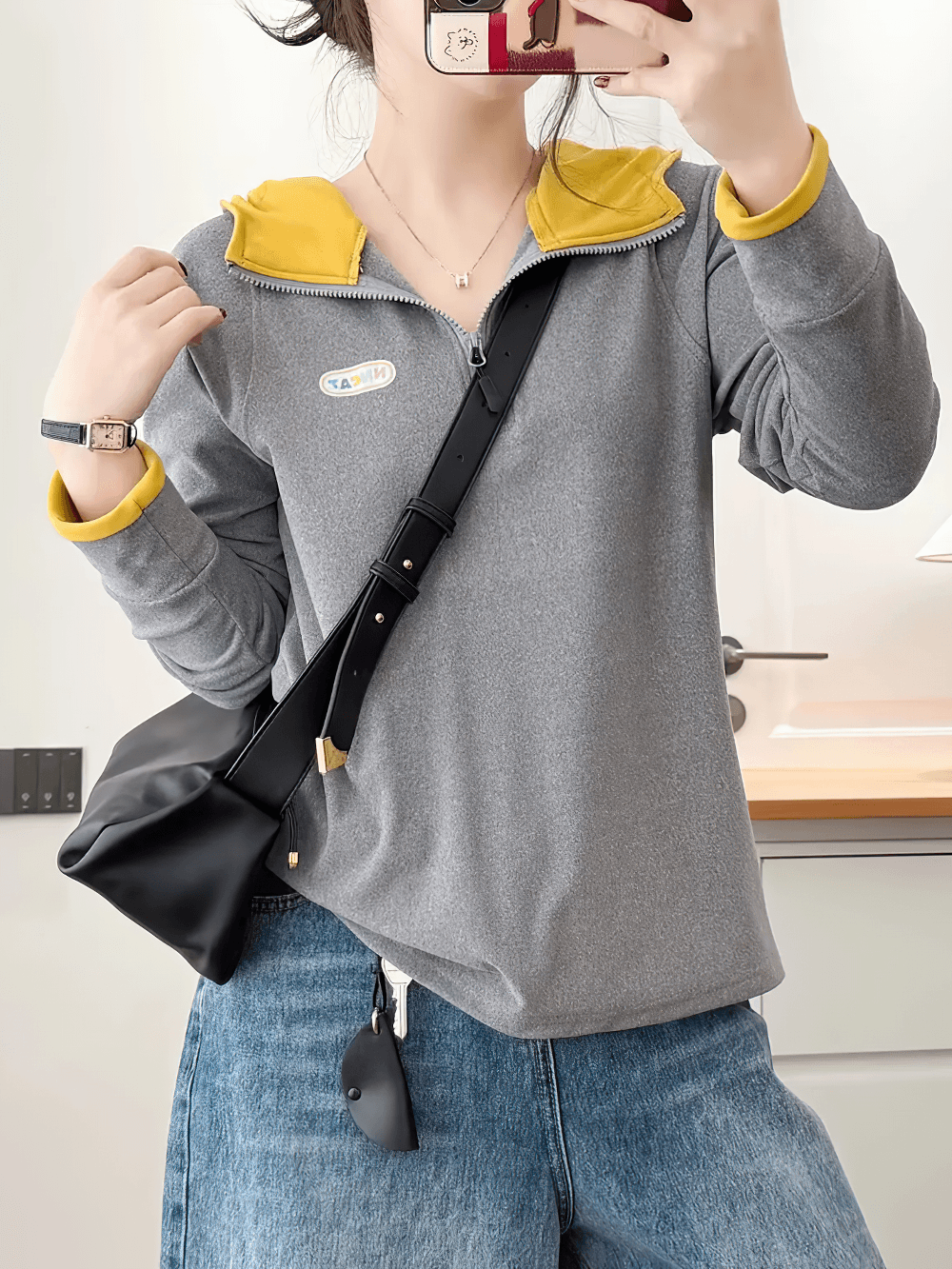 Alt Tag: Women's Quarter Zip Hooded Sport Hoodie - SF4536 grey long sleeve hoodie with yellow trim, quarter-zip neckline, casual sporty fit