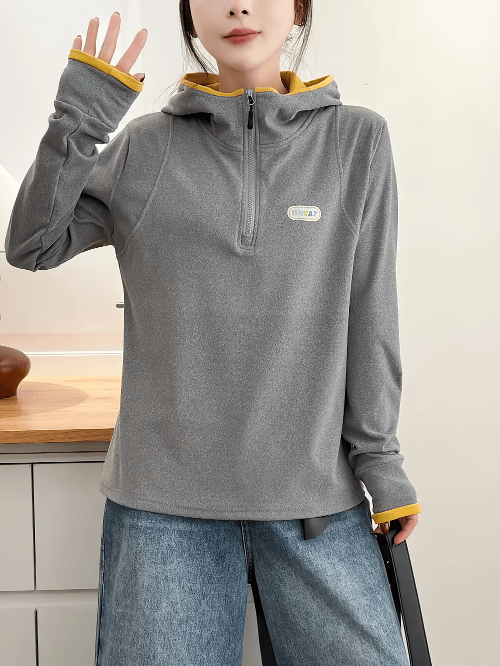 Alt Tag: Women's Quarter Zip Hooded Sport Hoodie - SF4536 grey long sleeve quarter-zip hoodie with yellow contrast trim, casual sporty pullover