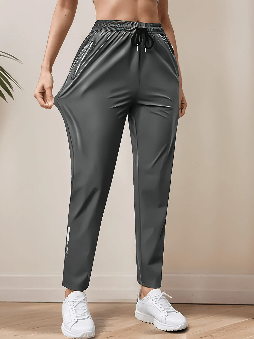 Alt Tag: Women's Quick-Dry Ankle Pants with Zip Pockets - SF4404, tapered jogger fit with drawstring waist and zip pockets for running & training