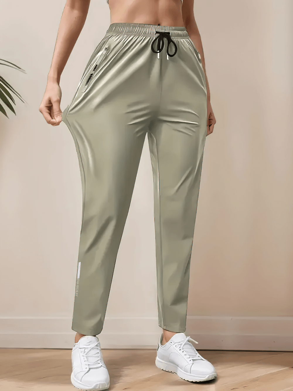 Women's Quick-Dry Ankle Pants with Zip Pockets - SF4404 sage green ankle jogger pants with drawstring waist and zip pockets
