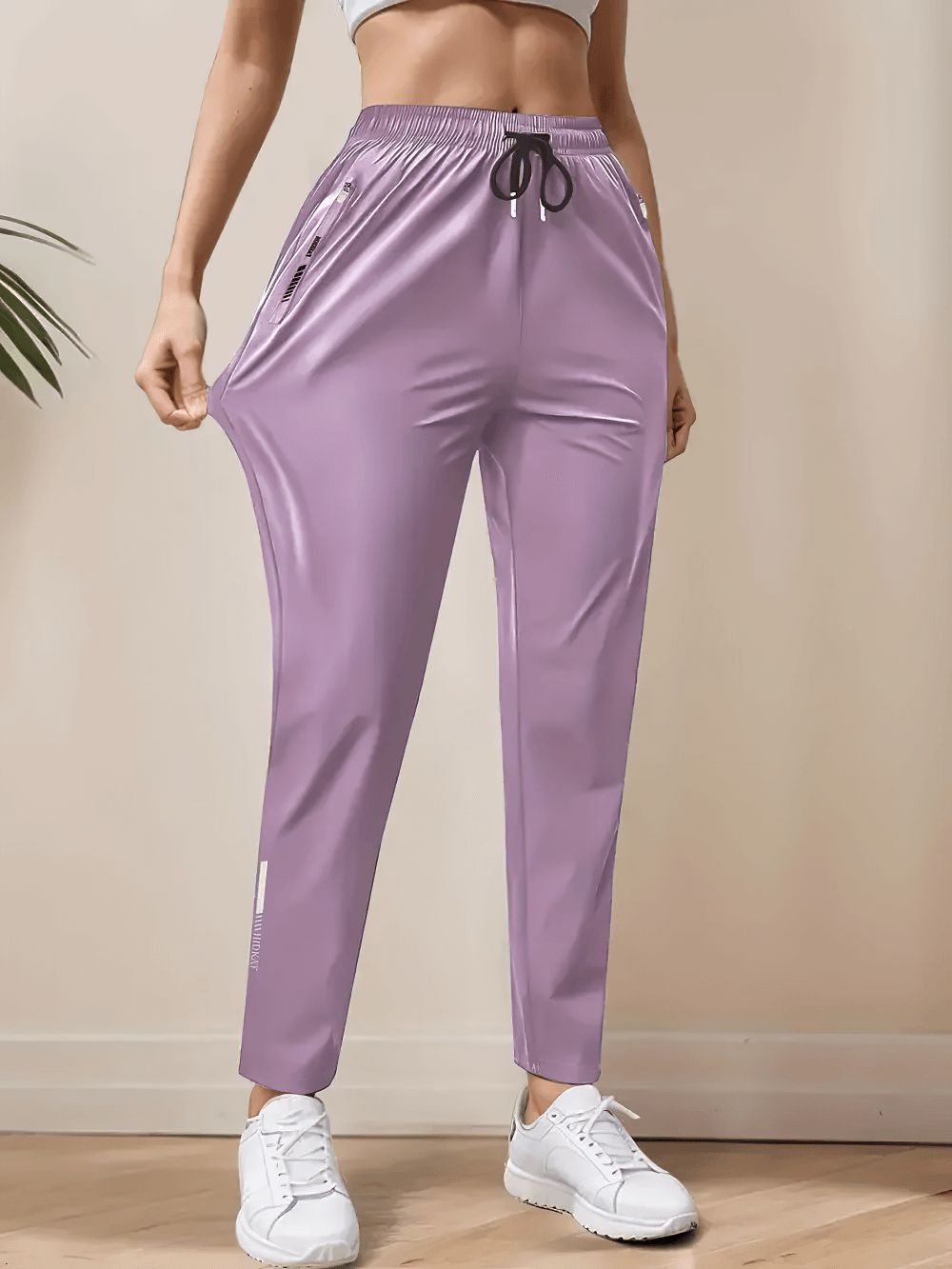 Alt Tag: Women's Quick-Dry Ankle Pants with Zip Pockets - SF4404 purple ankle joggers with drawstring waist and zip pockets