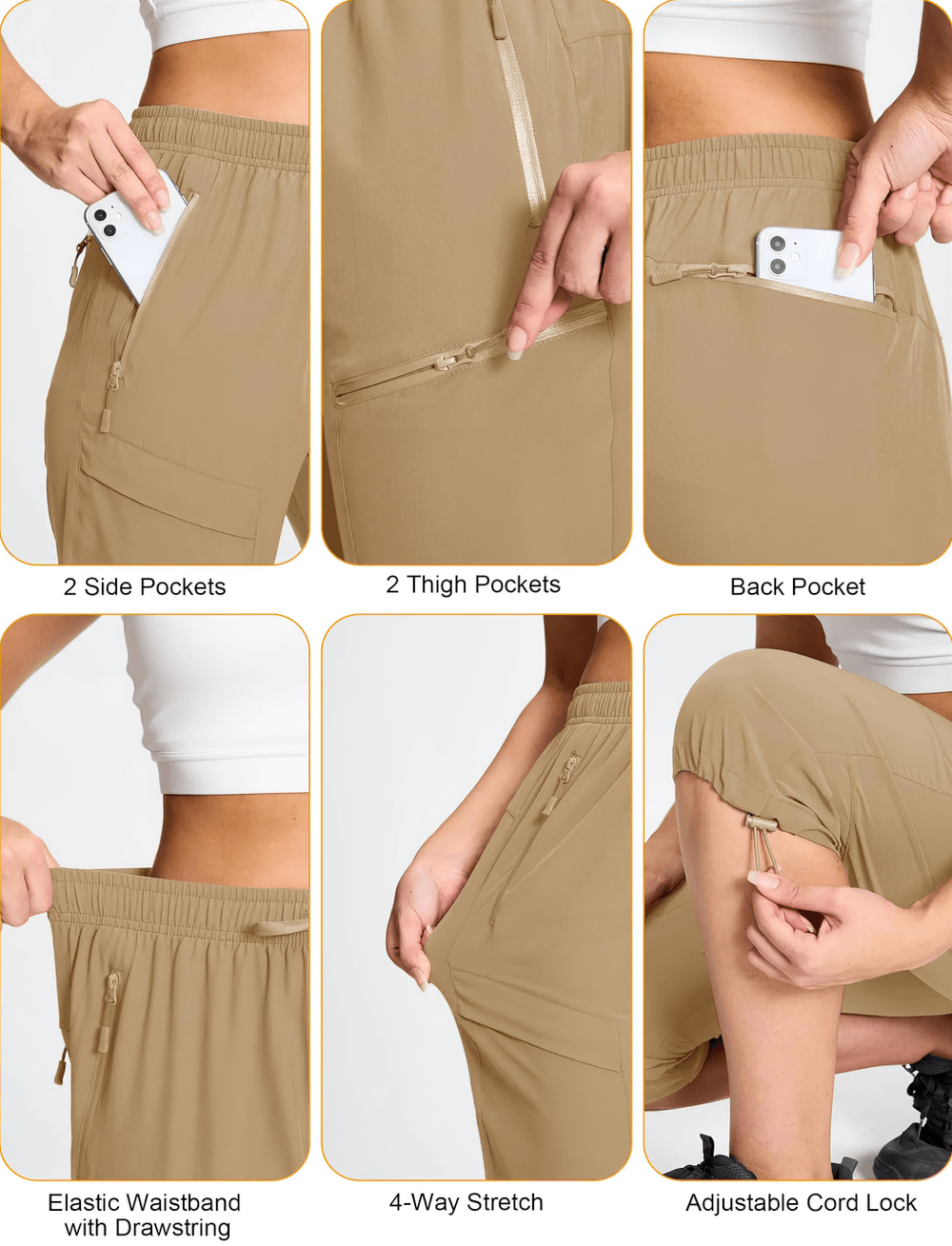 Women's Quick Dry Hiking Capri Pants with Pockets - SF4507 pocket details: side, thigh & back pockets, elastic waist, 4-way stretch, cord lock