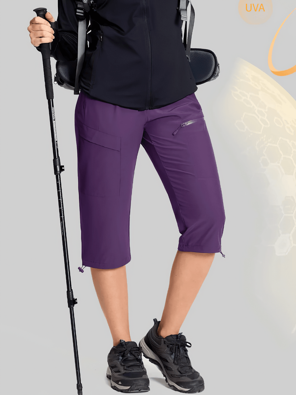 Alt Tag: Women's Quick Dry Hiking Capri Pants with Pockets - SF4507 purple quick-dry capri pants with pockets, trekking pole, outdoor hike