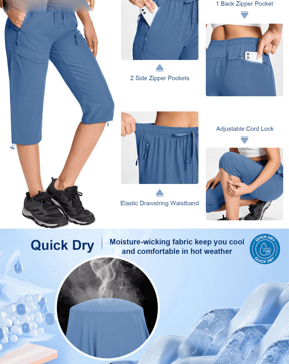 Alt Tag: Women's Quick Dry Hiking Capri Pants with Pockets - SF4507 blue capri pants with zipper pockets, drawstring waistband, quick-dry fabric