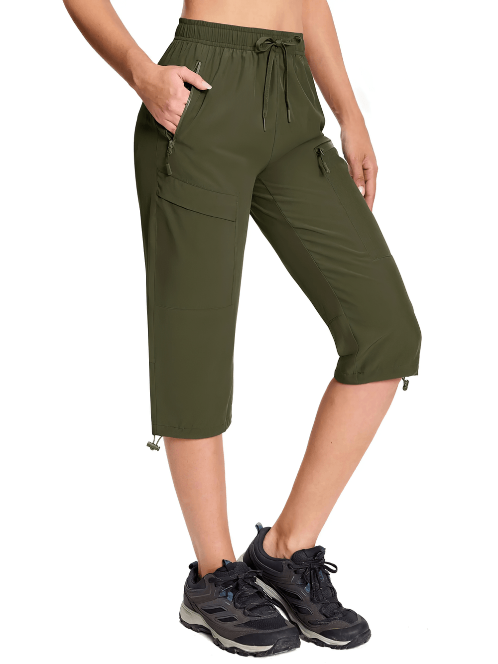 Alt Tag: Women's Quick Dry Hiking Capri Pants with Pockets - SF4507 olive green quick-dry capri pants with pockets, drawstring waist, calf-length fit