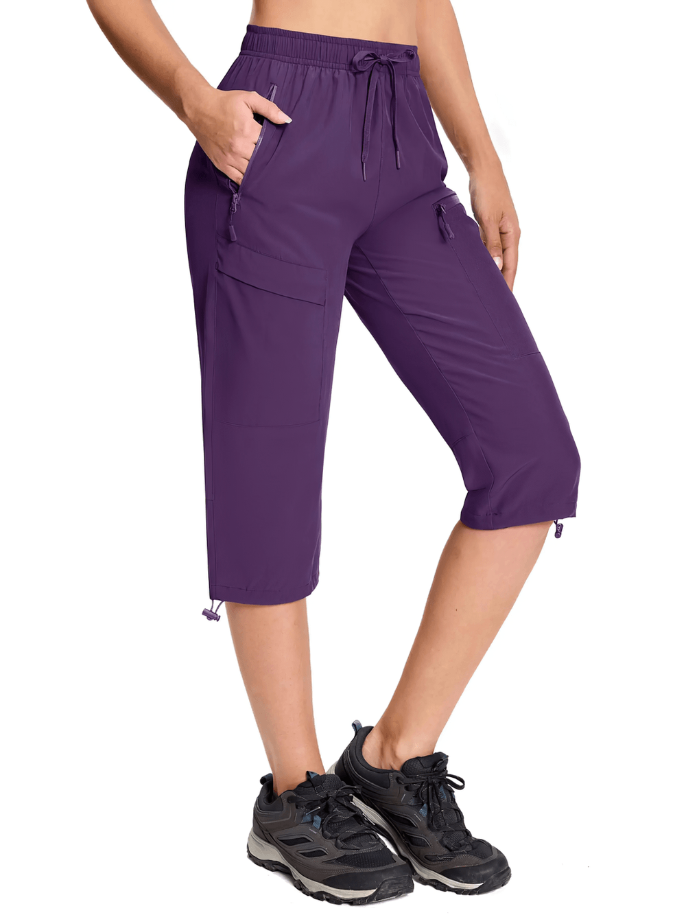 Alt Tag: Women's Quick Dry Hiking Capri Pants with Pockets - SF4507 purple quick-dry stretch capri pants with pockets and drawstring waist