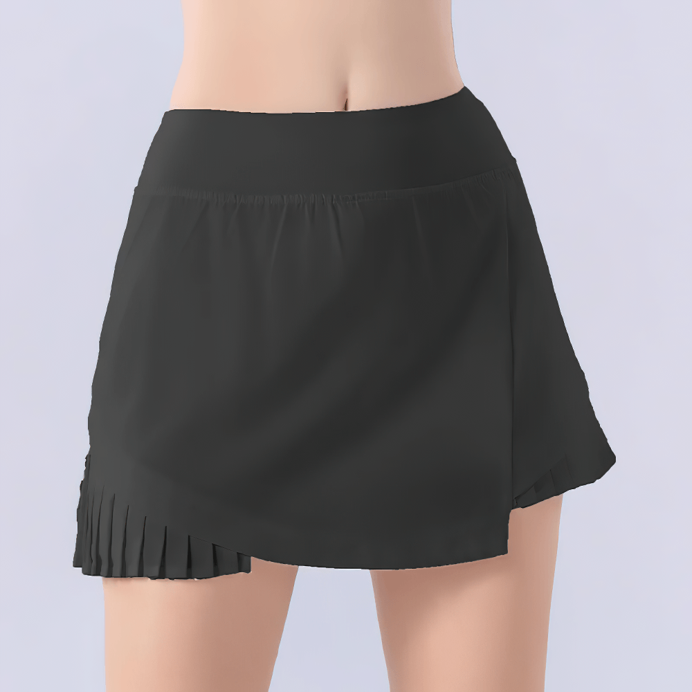 Alt Tag: Women's Quick Dry Pleated Tennis Skirt with Shorts - SF4466 black quick-dry skort with built-in shorts, elastic waist