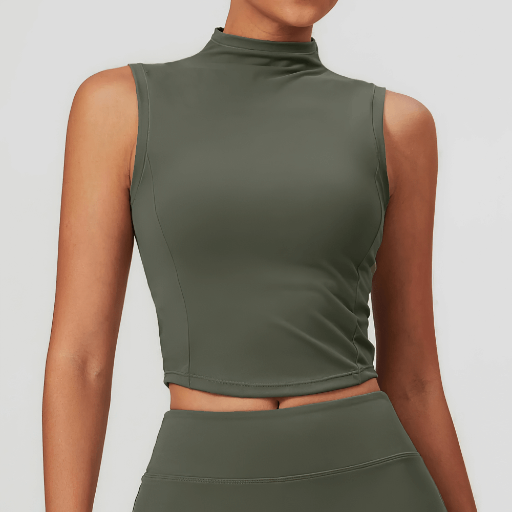 Woman wearing olive green quick-dry sleeveless tank top for running, perfect for fitness activities like hiking and cycling.