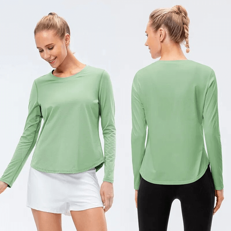 Women's quick-drying loose long-sleeve sports top in green, perfect for yoga and exercise, shown from front and back.