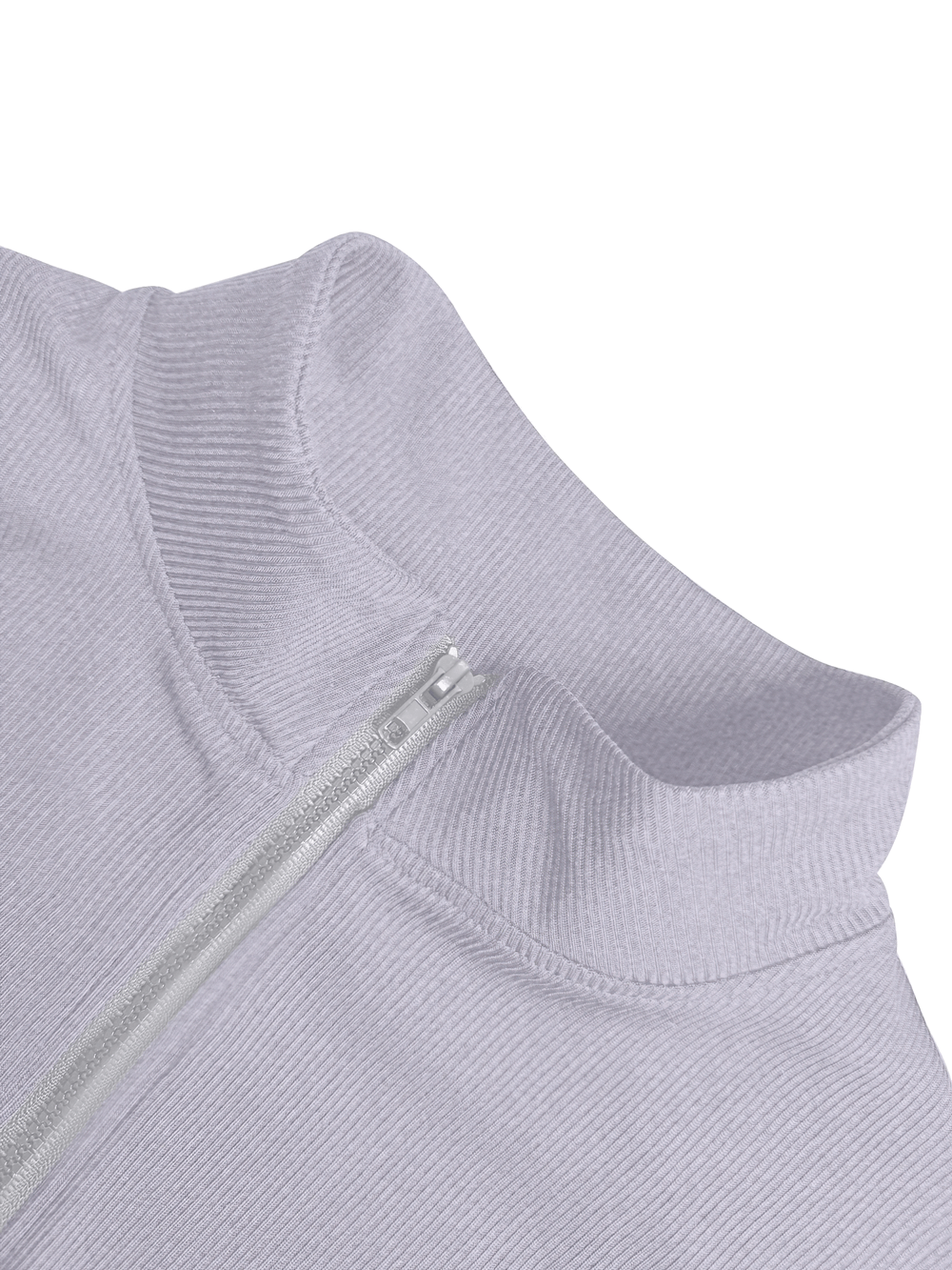 Close-up of the mock neck and zipper of a Women's Ribbed Long Sleeve Zip Sports Jacket - SF4230 in a light color.