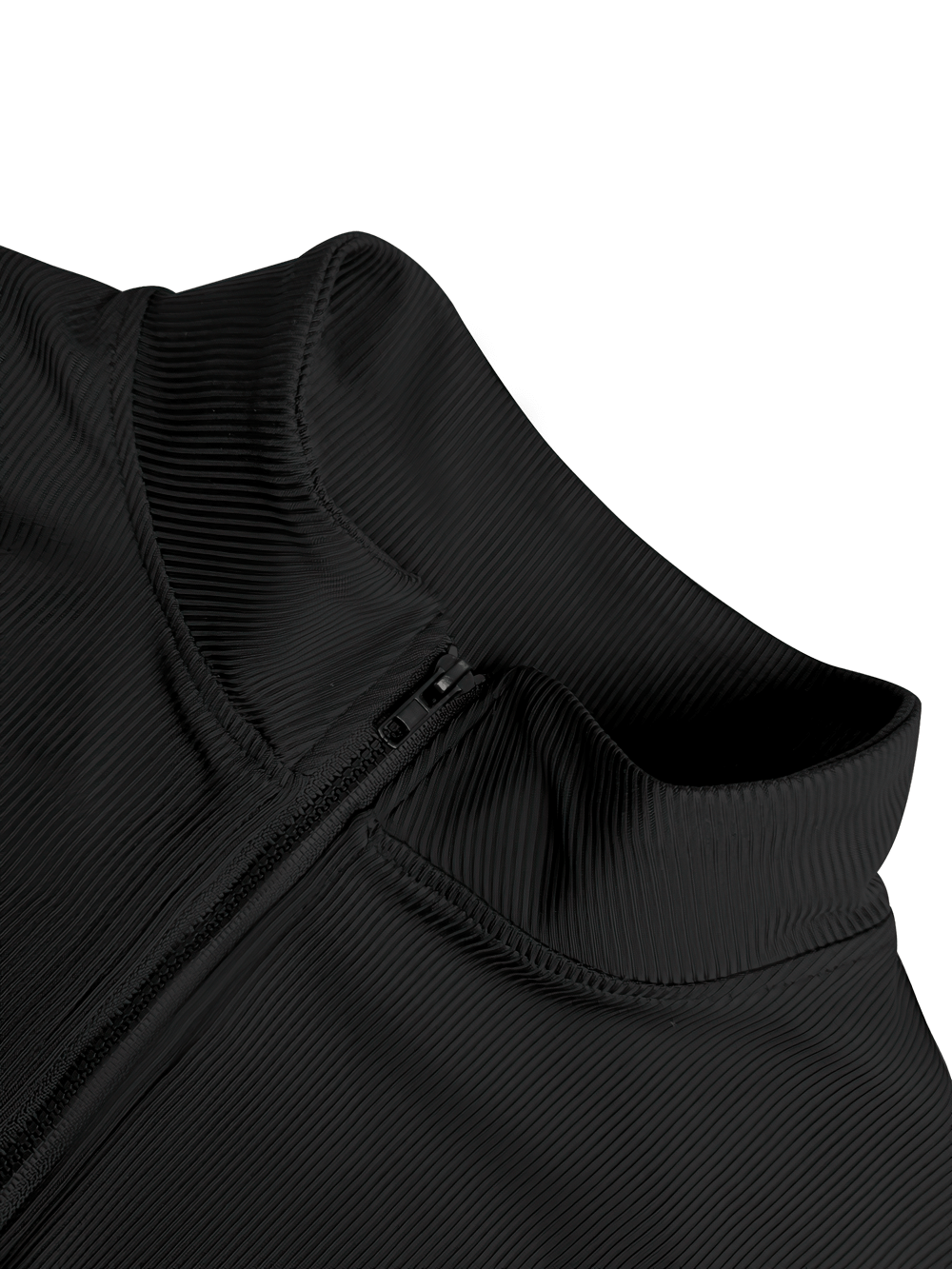 Close-up of Women's Ribbed Long Sleeve Zip Sports Jacket - SF4230 in black with mock neck and zipper detail, perfect for workout wear.