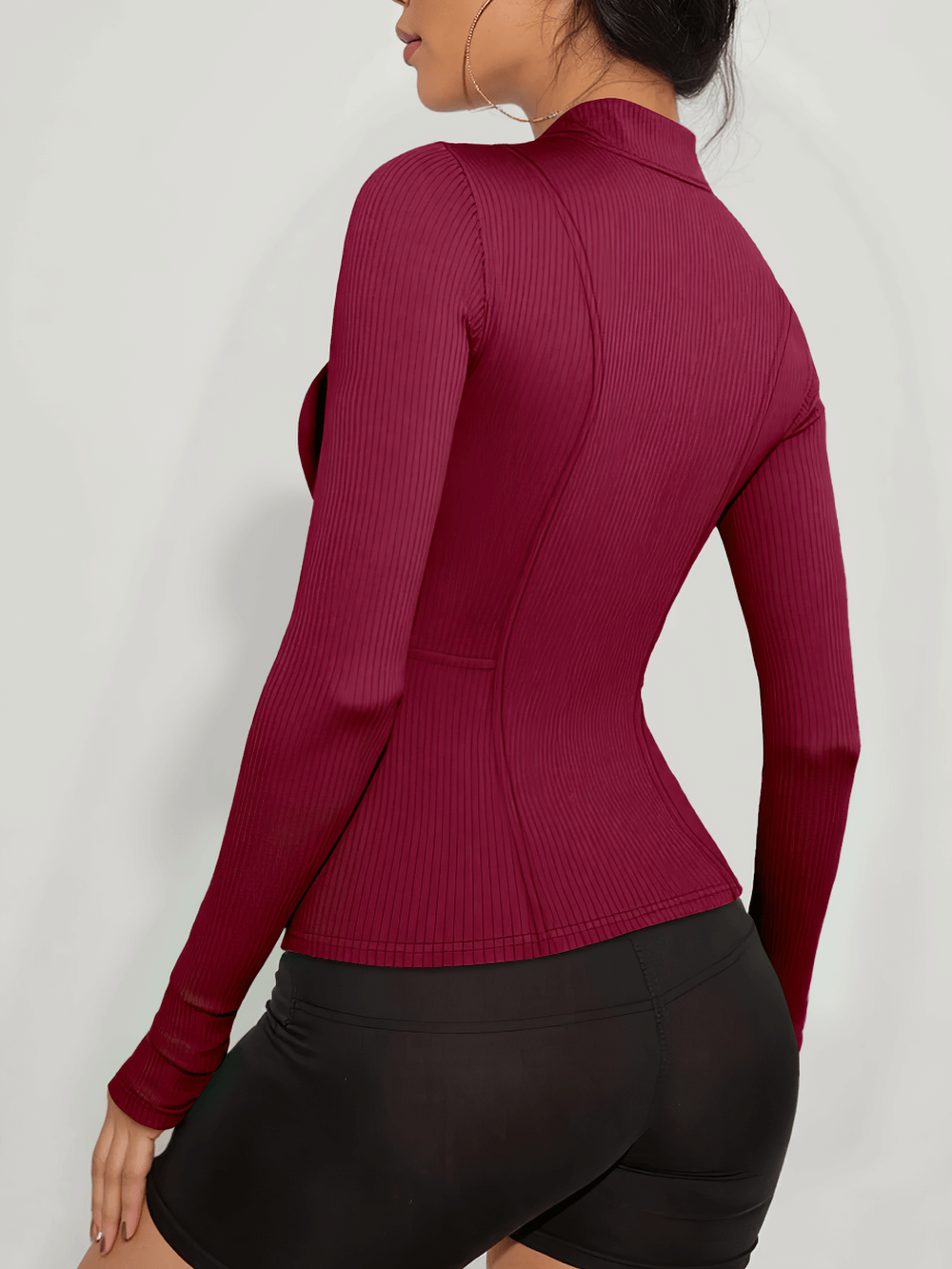 Women's Ribbed Long Sleeve Zip Sports Jacket - SF4230, mock neck, high elastic, ideal for training and casual wear, shown in elegant burgundy.