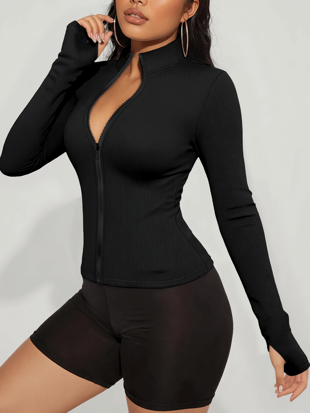 Women's Ribbed Long Sleeve Zip Sports Jacket - SF4230 in black, featuring a mock neck and slim fit for gym and yoga activities.