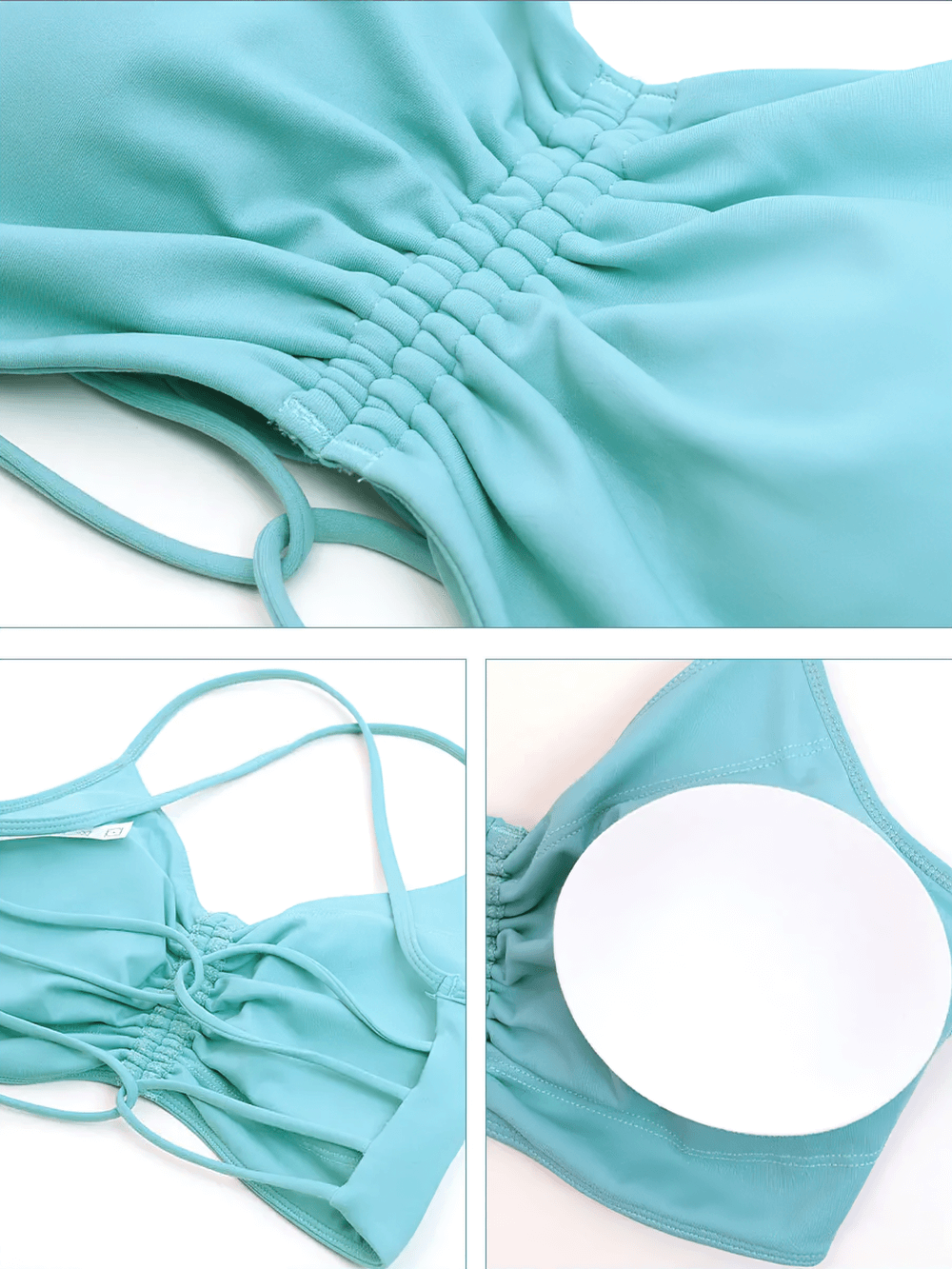 Women's ruched sports top with strappy back, in turquoise color, showcasing unique design details and smooth fabric.