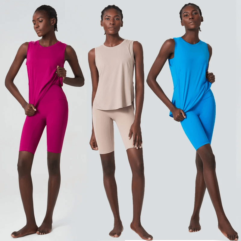 Women's Running Solid Tank Top and Shorts in pink, beige, and blue—activewear set SF2094 for running and yoga.