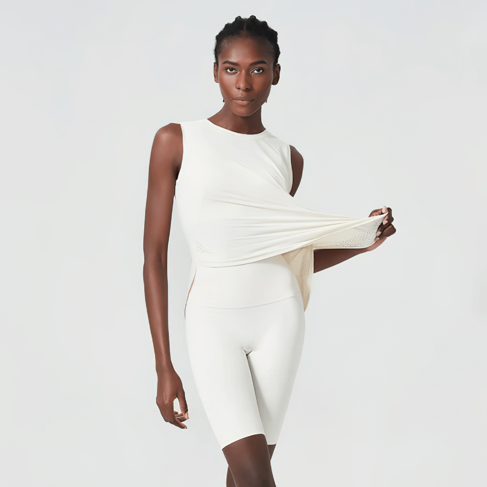 Model wearing Women's Running Solid Tank Top and Shorts SF2094, showcasing stylish and functional activewear for running and yoga.