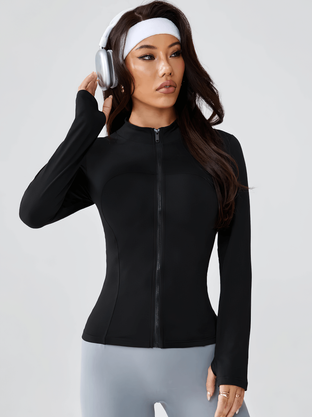 Woman wearing Women's Running Zip Front Slim Fit Sports Jacket - SF4234, a quick-dry, zippered yoga jacket with long sleeves and sleek fit.