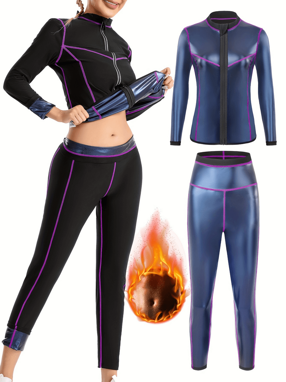 Women's sauna sweat suit, zip-up design, black and blue set with long sleeves. Perfect for fitness and yoga. SF2624.