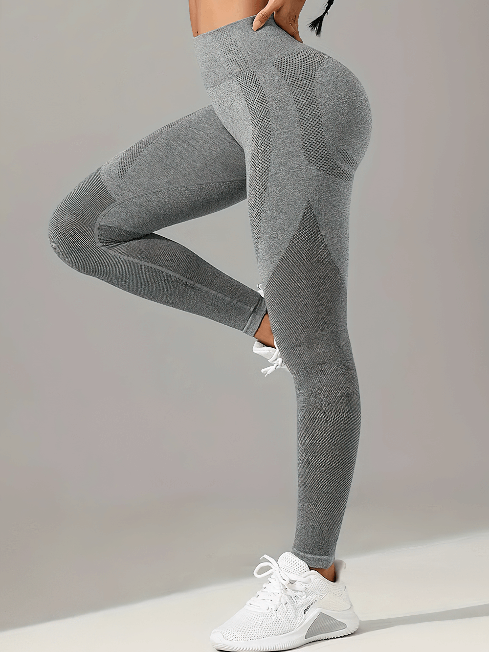 Women's Seamless Booty Lift Gym Leggings - SF4059 showcasing contour knit panels and high waist style in gray.