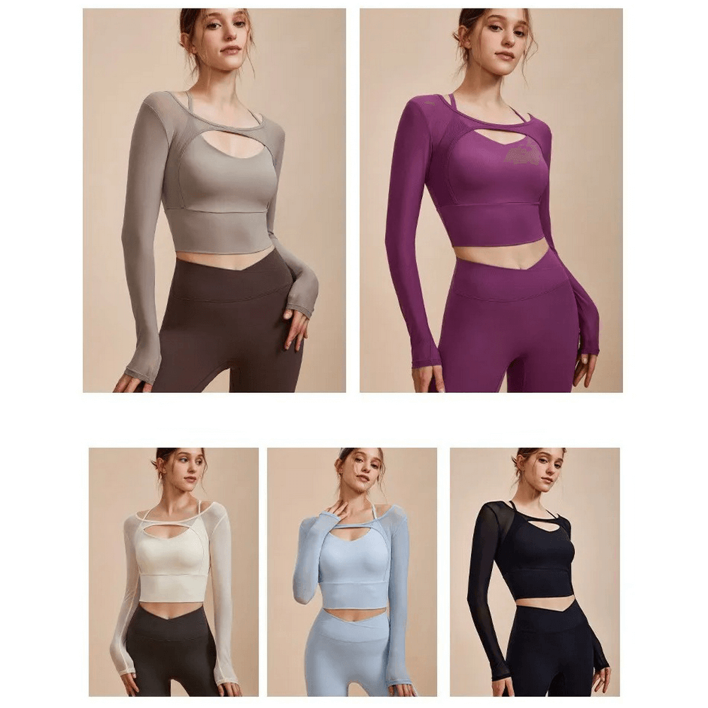 Women's Seamless Long Sleeve Yoga Crop Tops in various colors, featuring breathable and quick-dry fabric, ideal for workouts.