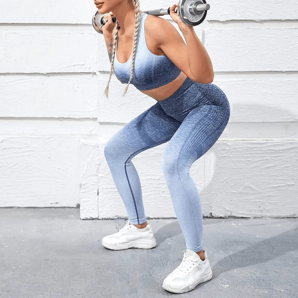 Alt Tag: Women's Seamless Ombre Gym Yoga Set with Leggings - SF4312 seamless ombre sports bra and high-waist leggings, squat workout