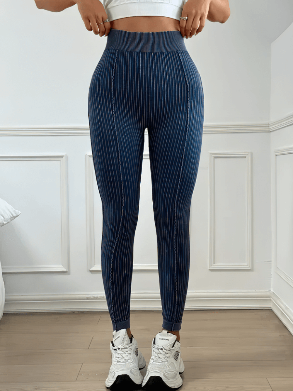 Women's Seamless Ribbed High Waist Gym Leggings - SF4011 with solid striped rib knit for yoga and sports, showcasing hip lifting fit.