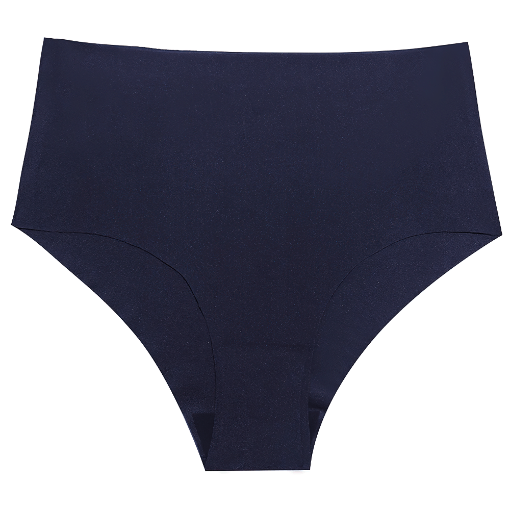 Women's high waist seamless satin panties in navy, offering full coverage and breathability for a smooth, flattering fit.