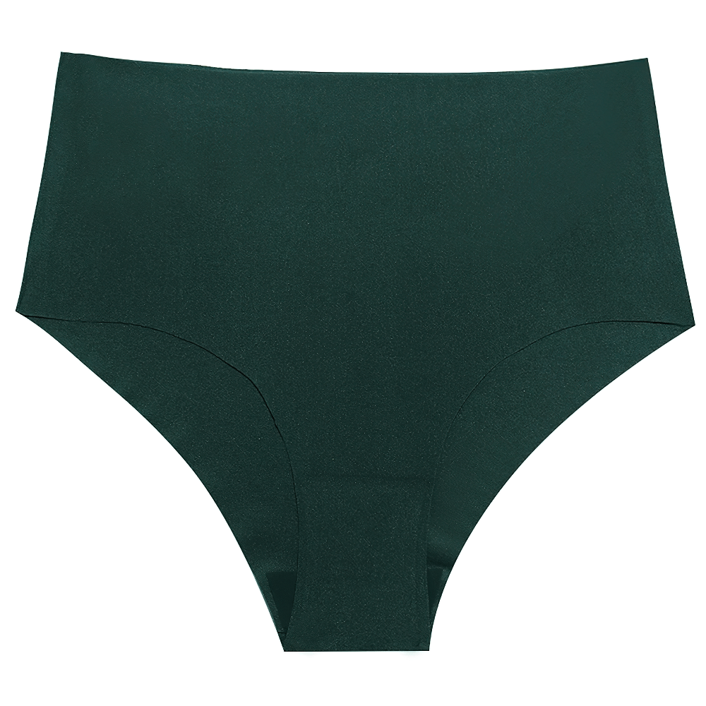 Women's seamless satin high waist panties, breathable full coverage briefs in dark green.