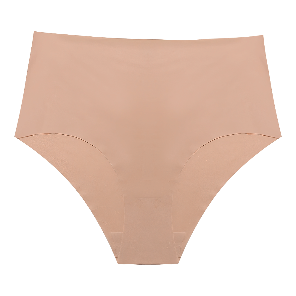 Seamless satin high-waist panties in a nude shade, offering full coverage and a sleek finish for a flattering silhouette.