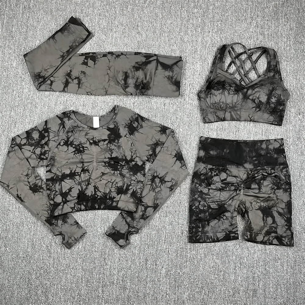Alt Tag: Women's Seamless Tie Dye 3pcs and 4pcs Yoga Set - SF4342 gray-black tie dye cutout bra, long sleeve crop top, and high waist shorts