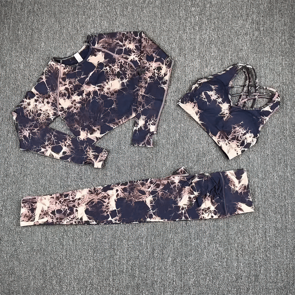 Alt Tag: Women's Seamless Tie Dye 3pcs and 4pcs Yoga Set - SF4342 navy tie dye long sleeve crop top, sports bra & high waist leggings