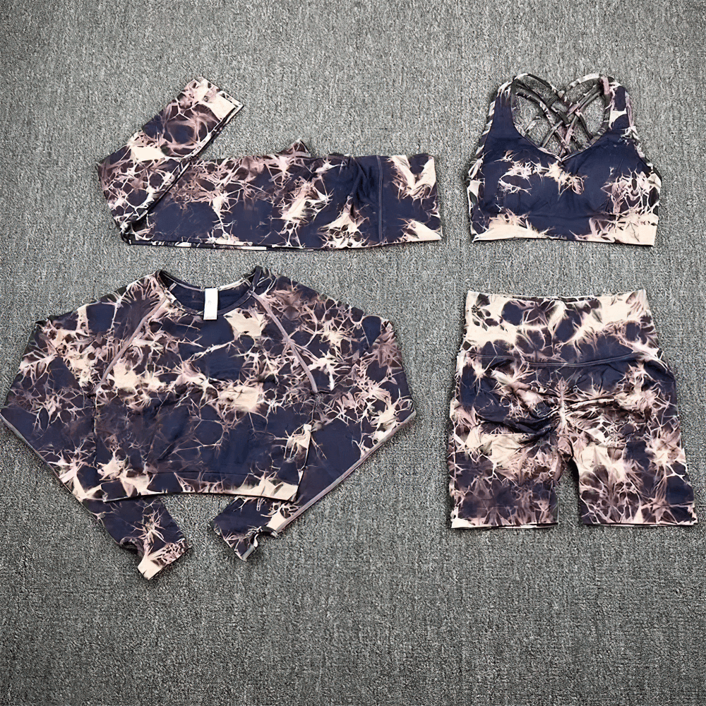 Alt Tag: Women's Seamless Tie Dye 3pcs and 4pcs Yoga Set - SF4342 tie dye cutout bra, long sleeve crop top, arm sleeve, and high waist shorts set