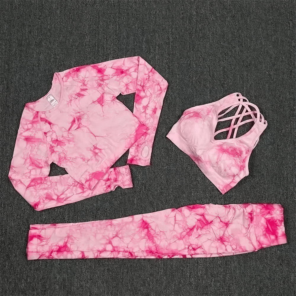 Alt Tag: Women's Seamless Tie Dye 3pcs and 4pcs Yoga Set - SF4342 pink tie dye long sleeve crop top, strappy cutout sports bra, high waist leggings
