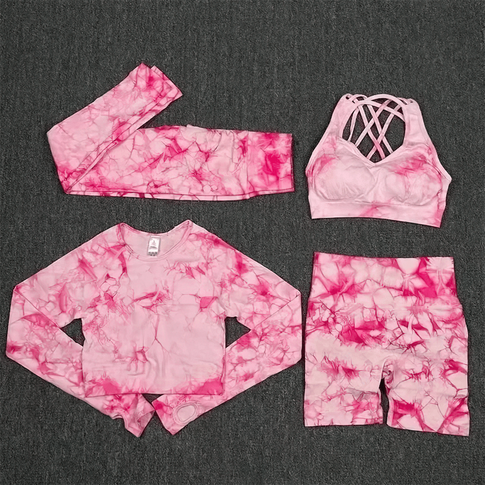 Alt Tag: Women's Seamless Tie Dye 3pcs and 4pcs Yoga Set - SF4342 pink tie dye cutout bra, long sleeve crop top, leggings & shorts flat lay