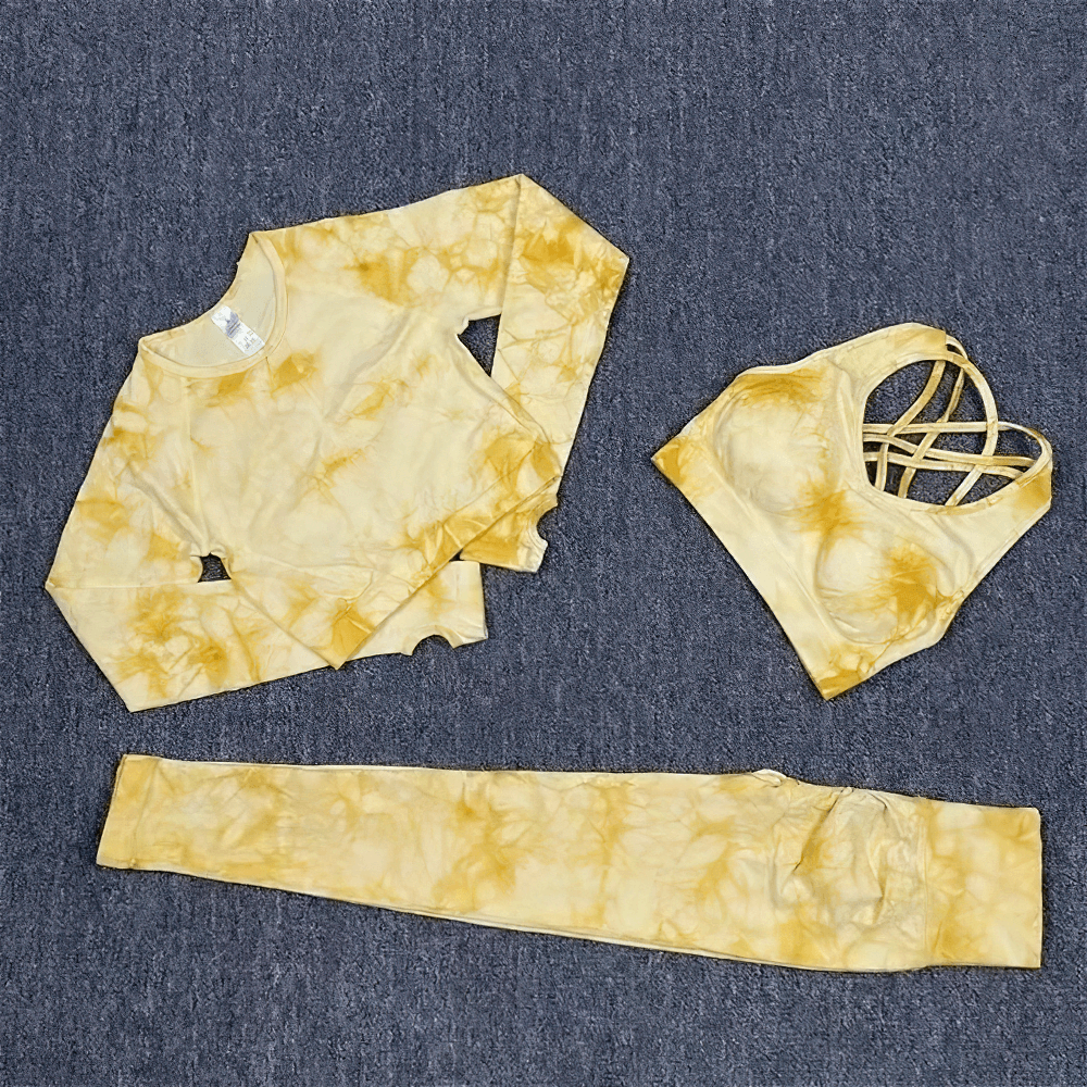 Alt Tag: Women's Seamless Tie Dye 3pcs and 4pcs Yoga Set - SF4342 yellow tie-dye long sleeve crop top, strappy bra, high waist leggings