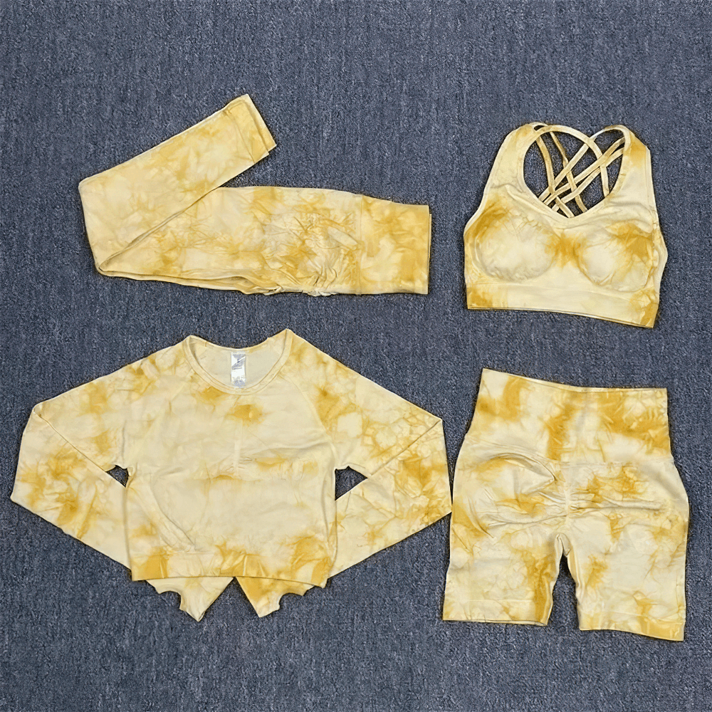Alt Tag: Women's Seamless Tie Dye 3pcs and 4pcs Yoga Set - SF4342 yellow tie dye 4pcs set cutout sports bra crop top shorts arm sleeves