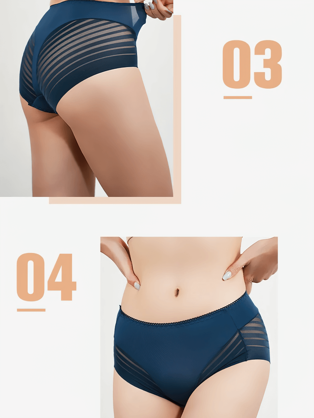 Women's sheer stripe high-waist panties in navy blue with breathable mesh design, perfect for stylish and seamless everyday wear.