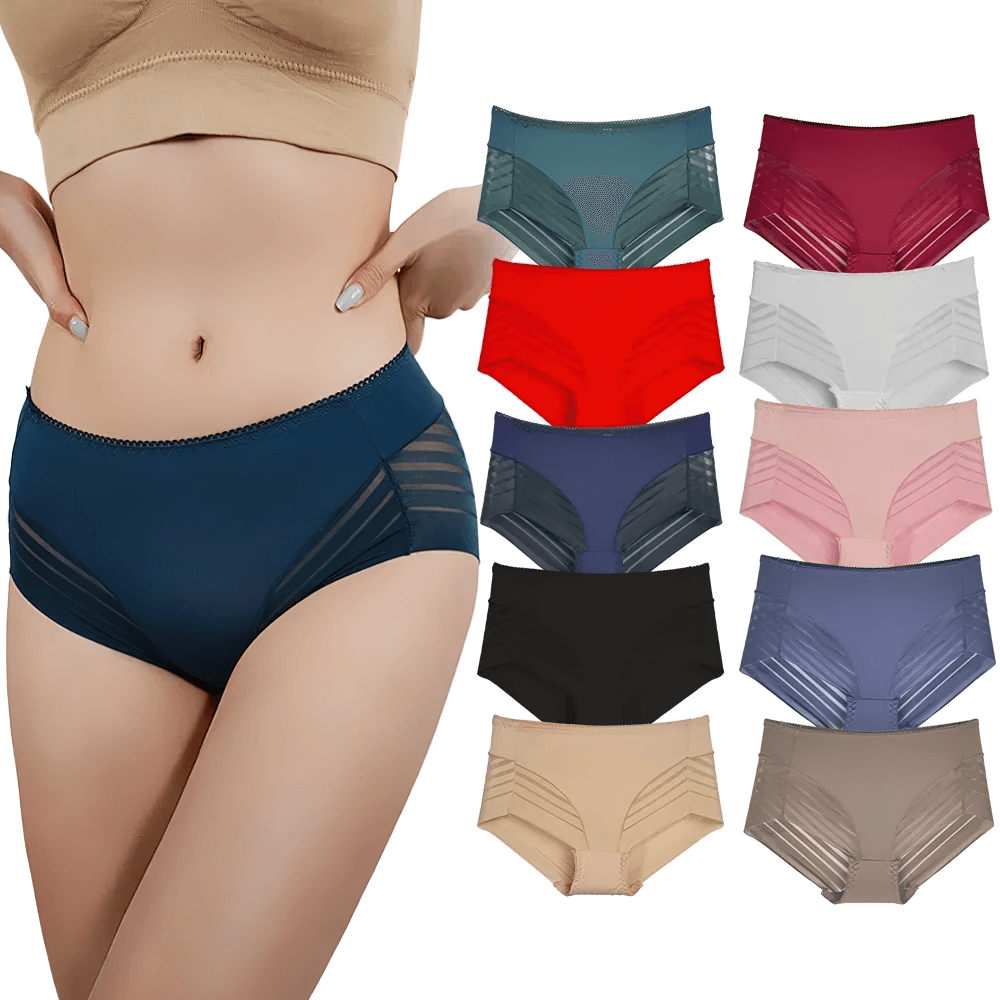 Assorted colors of women's sheer stripe high-waist panties with seamless mesh design, offering comfort and style for every occasion.
