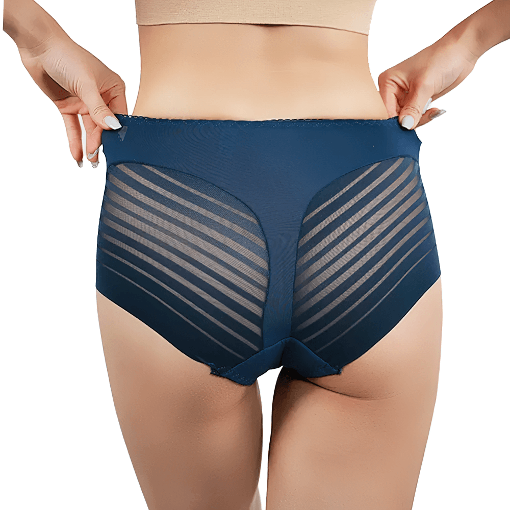 Woman wearing sheer stripe high-waist panties with breathable mesh panels for a sleek silhouette - style SF2512.