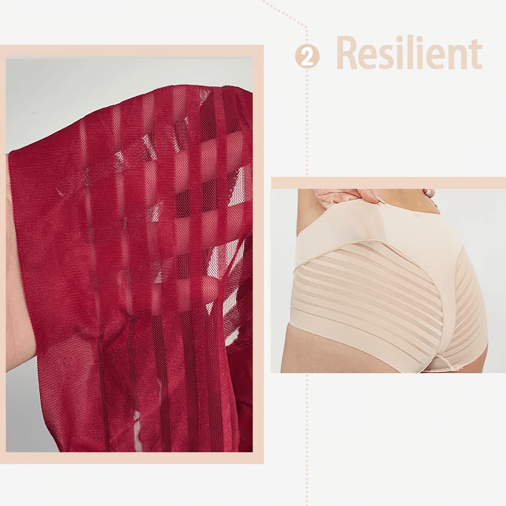 Close-up of sheer red fabric and woman wearing beige sheer stripe high-waist panties, highlighting seamless mesh design and resilient quality.