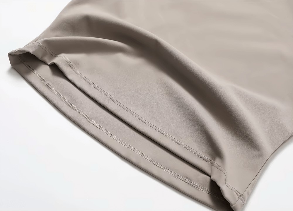 Women's short sleeve fitness T-shirt in beige, featuring durable nylon-spandex blend, anti-shrink, quick-dry, and wrinkle-resistant fabric.