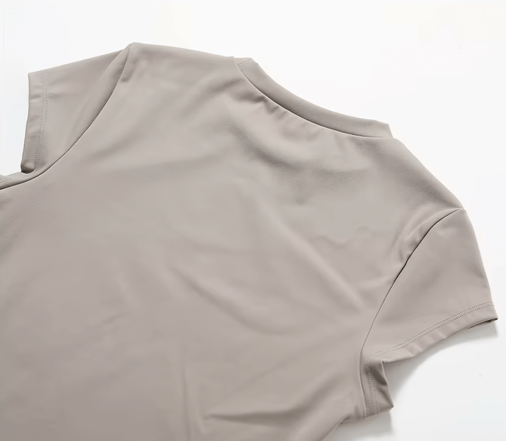 Women's short sleeve fitness T-shirt in beige, ideal for yoga and running, featuring durable, quick-dry nylon-spandex blend. SF2417