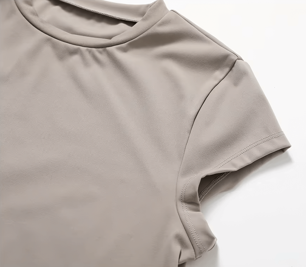 Women's short sleeve fitness t-shirt in beige, ideal for yoga and workouts. Features quick-dry, anti-shrink, and breathable fabric - SF2417.