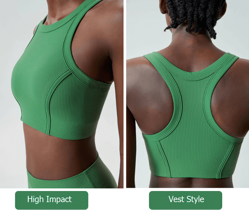 Women's sleek green athletic vest-style yoga top, high impact design for performance fitness wear.