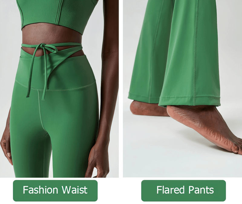 Woman wearing sleek green yoga pants with fashion waist and flared design, showcasing athletic performance wear.