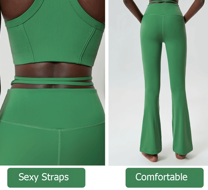 Back view of Women's Sleek Athletic Yoga Pants and Top Set in green with sexy strap design and flared comfortable pants.