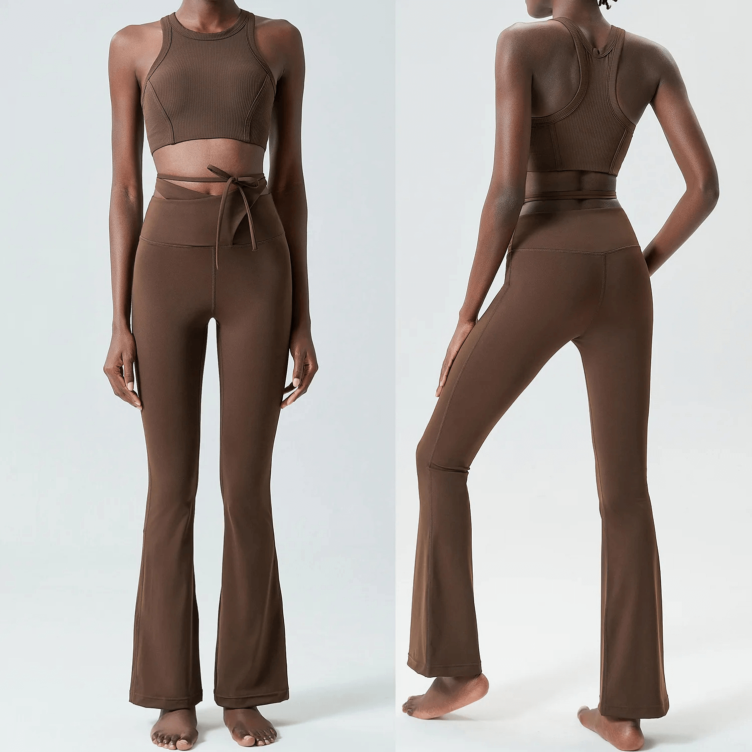 Brown yoga pants and top set showcasing sleek design, moisture-wicking fabric, and stretchable fit for women’s fitness and yoga.