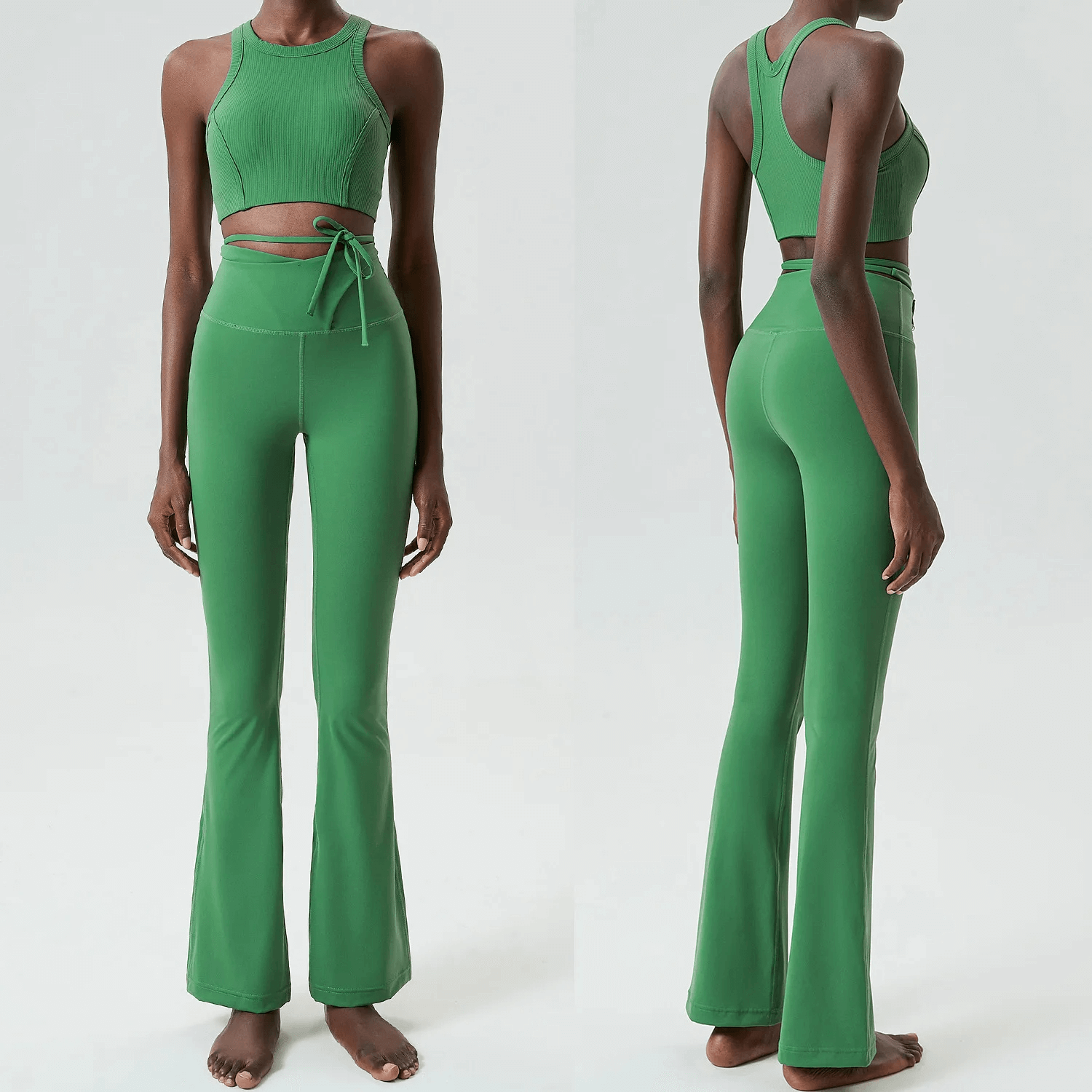 Woman modeling green athletic yoga pants and top set, designed for performance and flexibility for workouts like yoga and pilates.