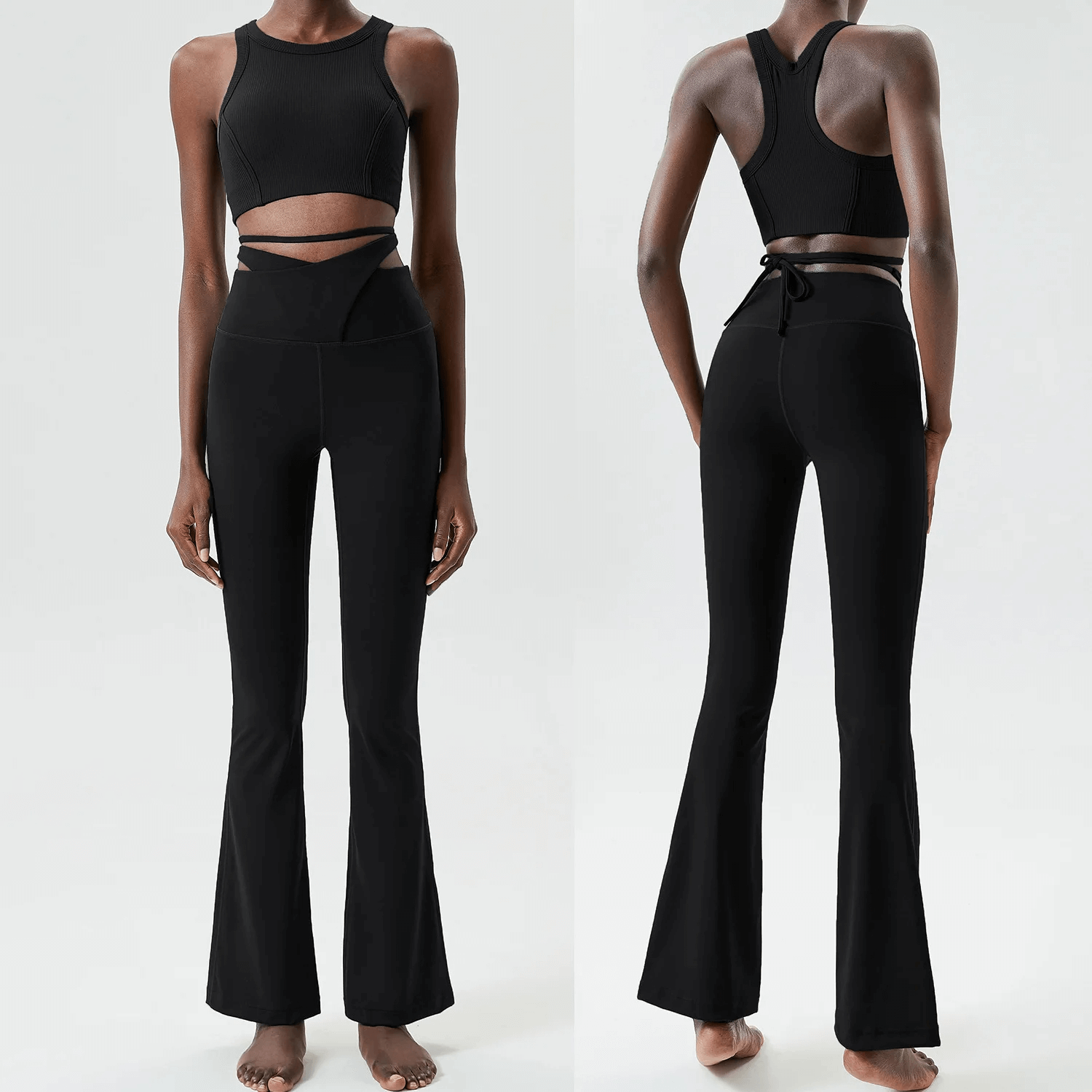 Women's sleek athletic yoga pants and top set in black for performance fitness. Moisture-wicking, stretchable, stylish SF2085.